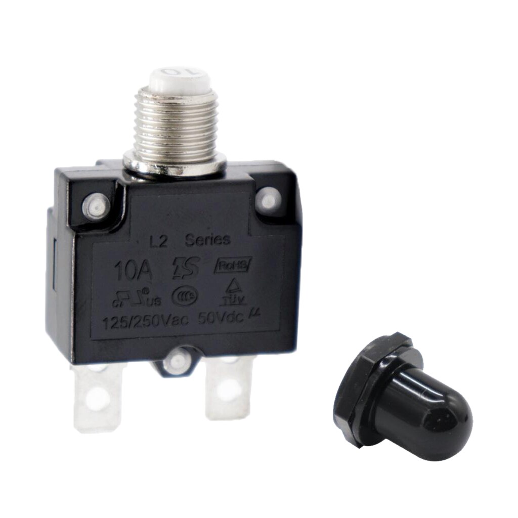 10 Amp Push Button Circuit Breaker 50V DC or 250V AC, Mounts in 3/8 inch (10 mm) Round Hole, Black Button Cap