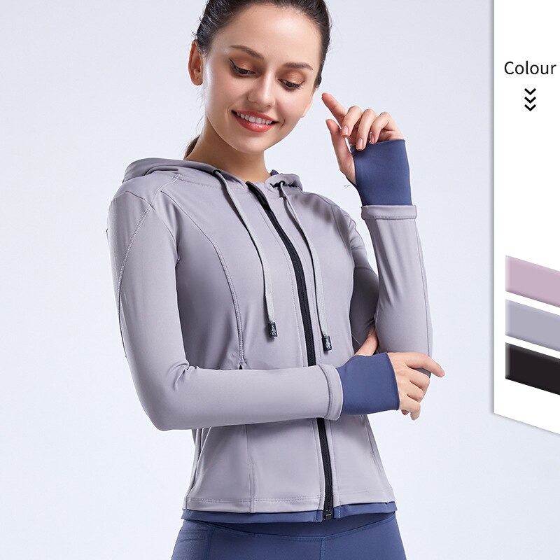 Chaqueta deportiva para mujer, con agujero en el pulgar, transpirable, para correr, de manga larga, para Yoga, adelgazante, con capucha, Top con cremallera