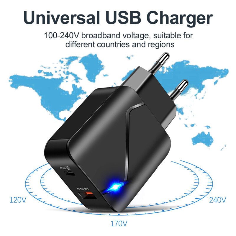 USLION 18W PD adapter EU US QC 3.0 usb Quick charger For iPhone 11 12 Xiaomi mi 9 Samsung Huawei mobile phones LED Fast Charging