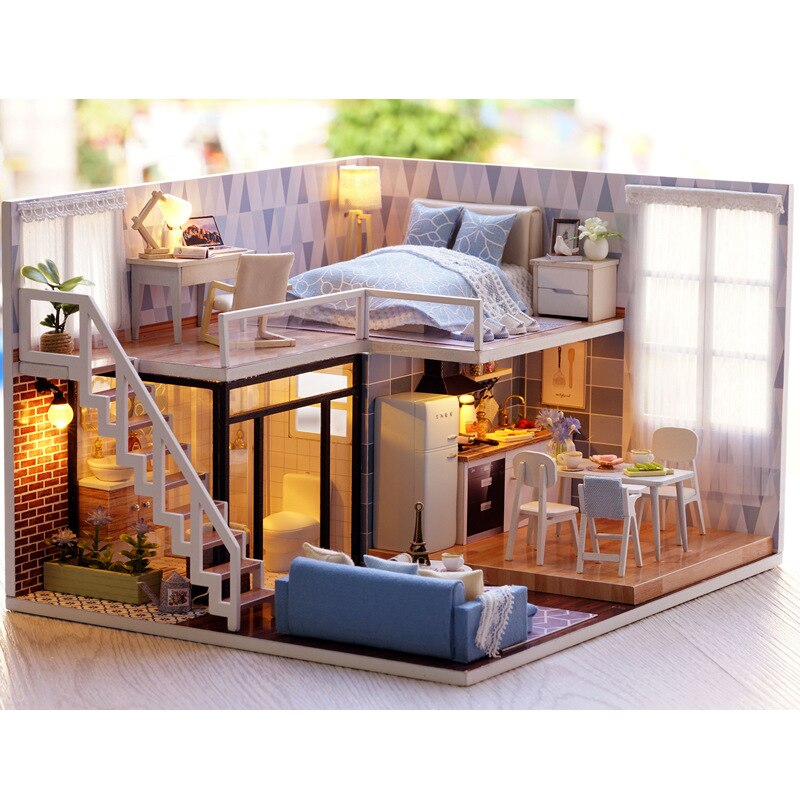 Poppenhuis Blauwe Tijd Met Meubels Muziek Licht Cover Miniatuur DIY Huis Model Decoratie Bediening Vermogen Kinderen Vriend