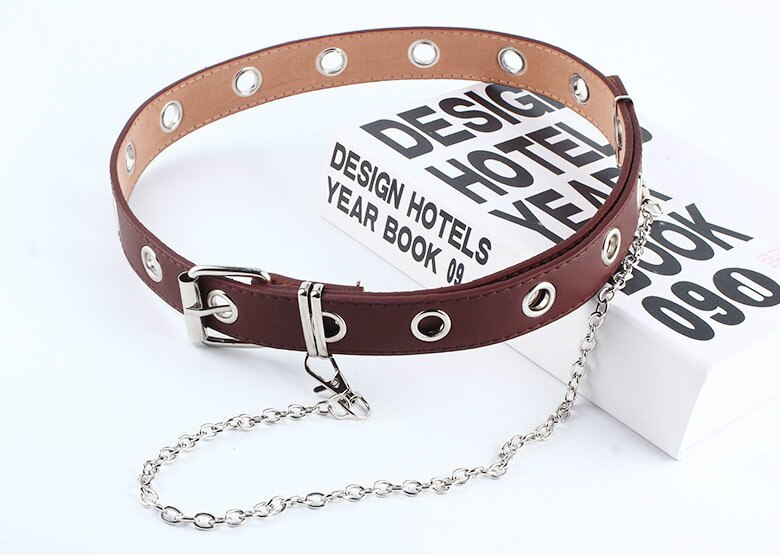 Women Punk Chain Belt Adjustable Black Double/Single Eyelet Grommet Leather Buckle Belt: B