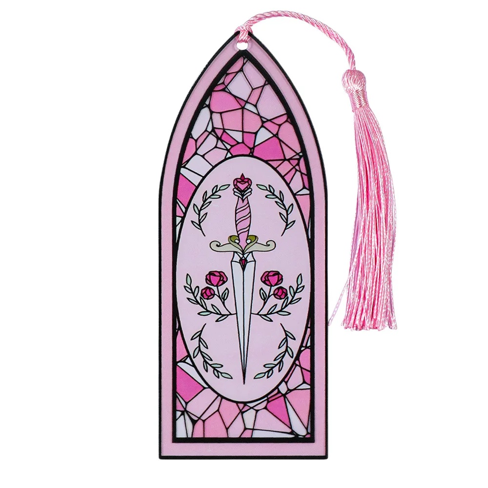 Marcapáginas acrílico de estilo gótico, patrón de ventana de Color sangre, marcapáginas decorativos con borlas, adorno colgante para libro de lectura: Azul