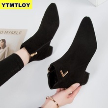 Plus Größe 42 Stiefeletten Frauen Plattform Spitze hoch Schnalle Schuhe Starke Ferse Kurzen Stiefel Damen lässig Schuhe Botas Mujer hohe Stiefel