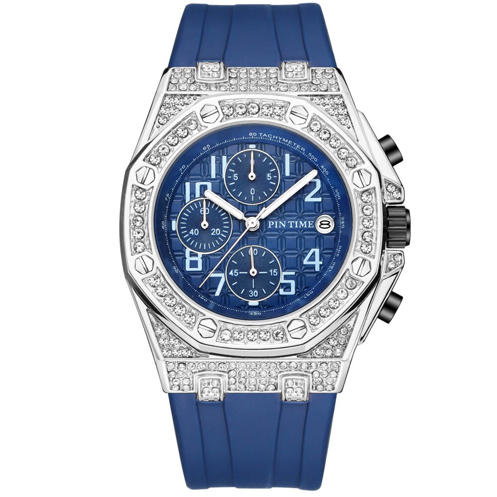 Alle urskive arbejde mænd diamantur rustfrit stål isede ure kvartsblå gummirem kronograf armbåndsur: 4