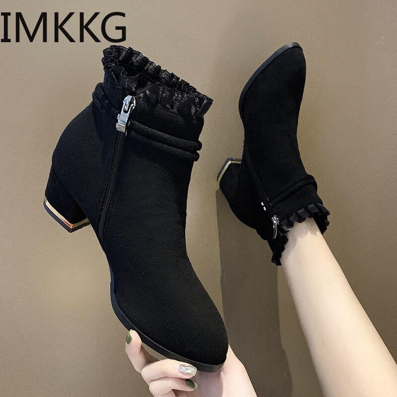 Bottines en dentelle à volants pour femme, chaussures courtes de soirée, élégantes, à talons hauts, Style anglais, chaudes, hiver