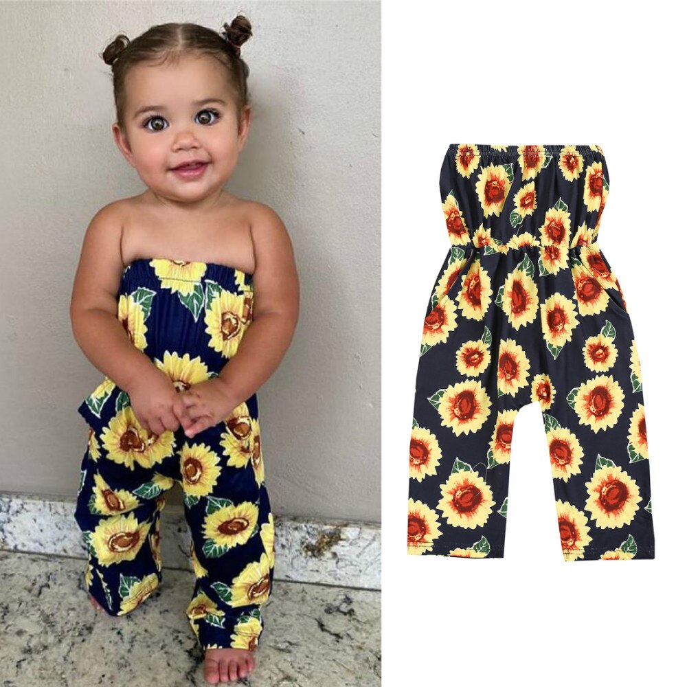 Zonnebloem Print Meisje Jumpsuits 2-7Y Kid Overalls Baby Girl Outfit Kleding Mouwloze Off Shoulder Romper Jumpsuit