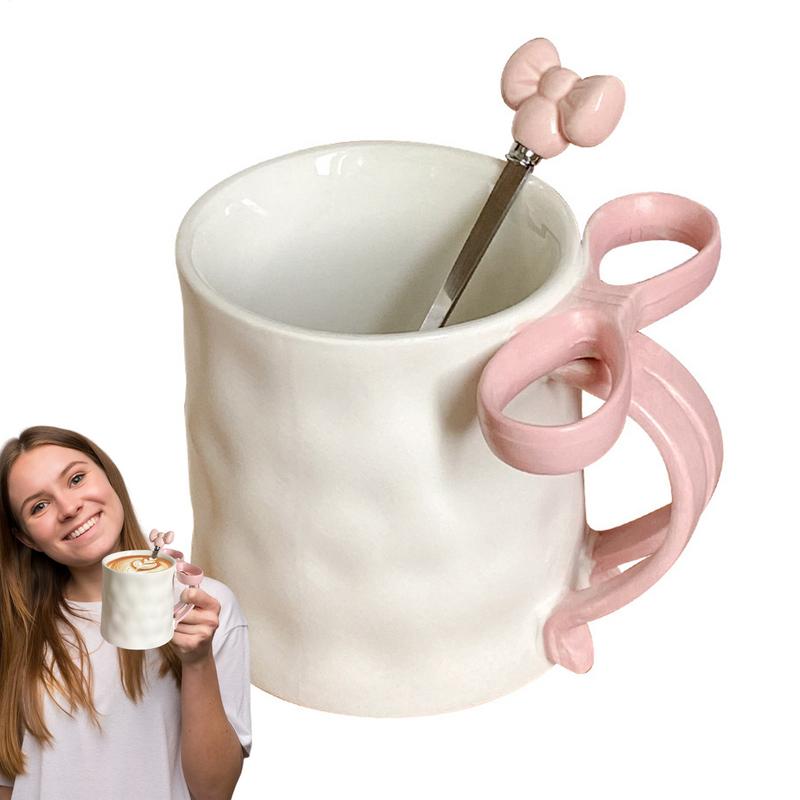 Taza con lazo, taza con mango de lazo y cuchara de café, Taza de cerámica, taza con cinta encantadora, taza de café bonita para amigos, colegas familiares