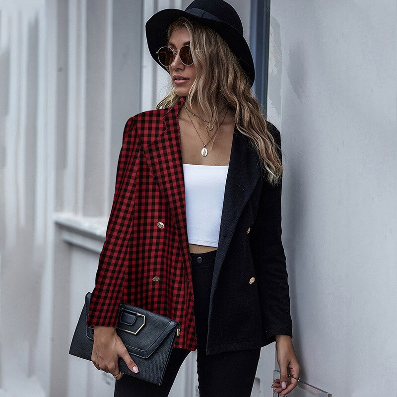 Alwaysq sort hvid gingham splice blazer overtøj kvinder kontor dame efterår forår dobbeltradet plaid casual frakker blazere: Rød / M