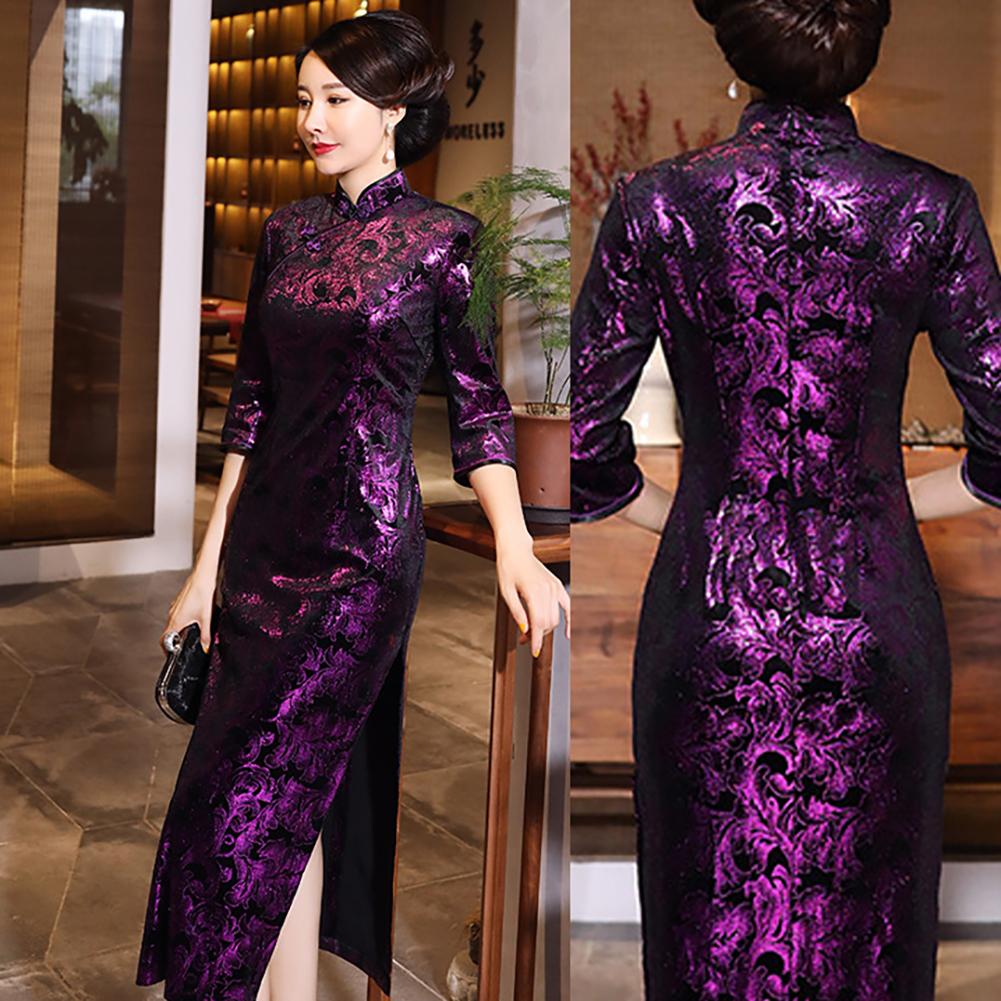 Vrouwen 3/4 Mouw Lange Split Bloemen Gedrukt Chinese Cheongsam Midi Slanke Jurk Chinese Cheongsam Qipao Borduurwerk Spleet Jurk Sexy