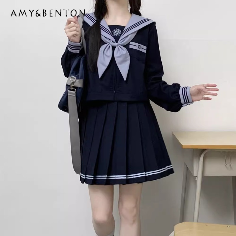 Japansk jk-uniform preppy-stil sjömansdräkt söt blå lång kortärmad topp med åtsittande midja och plisserad kjol för flicka