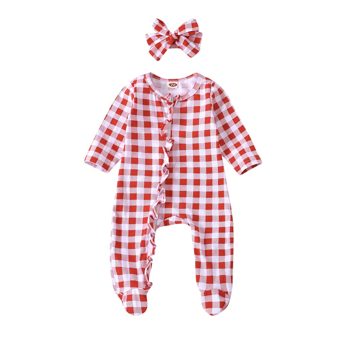 Herfst Mooie Baby Jongen Meisje Romepr Jumpsuit Set Lange Mouw Ronde Hals Falbala Rand Check Patroon Lange Broek Met Boog haarband: Rood / 6m