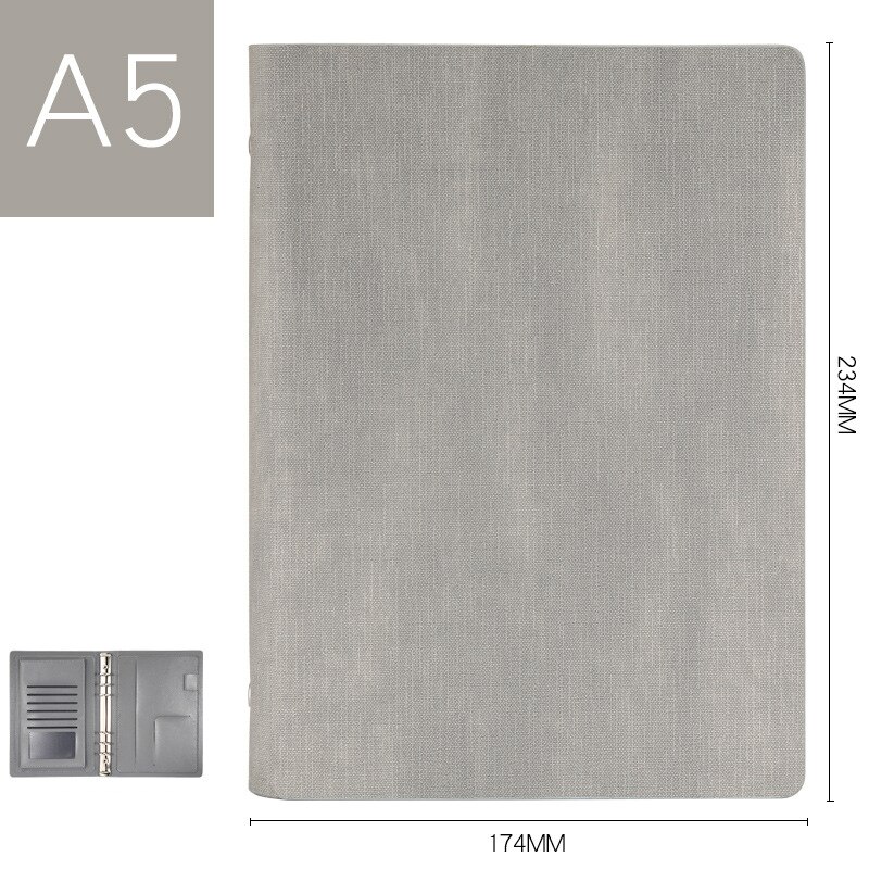 Classeur en cuir A5 Padfolio, classeur porte-carte d'affaires, organiseur de bureau, école, classeur à 6 anneaux, tampons d'écriture de gestionnaire: Gris clair