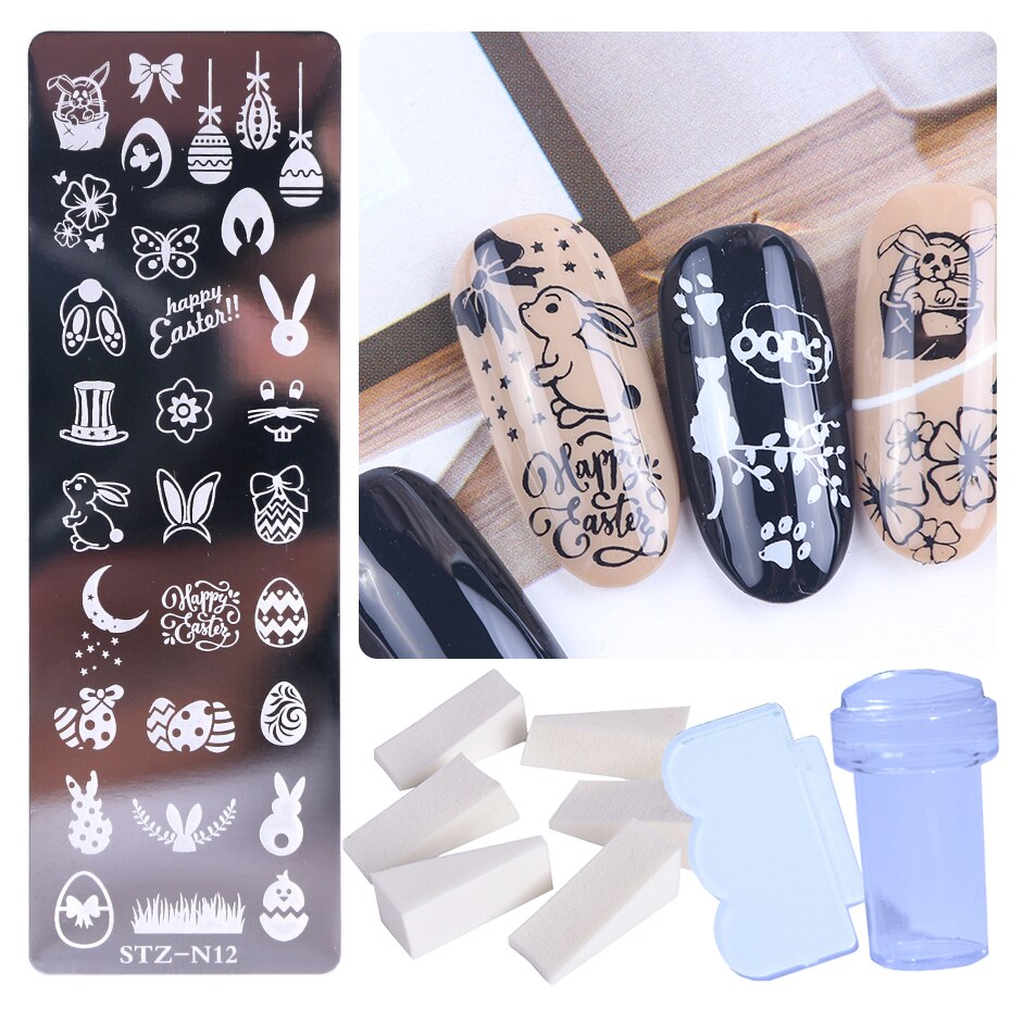 Pochoir pour ongles en dentelle, motifs de fleurs, papillons, feuilles, images d'animaux, tampons, grattoir, éponge, Kit d'outils BESTZN01-12: STZ-N12 Stamper Set