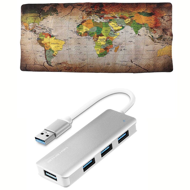Game Mouse Pad Old World Map Large Keyboard Pad Laptop Desk Mat Brown 90X40X0.2cm & 4 Port USB 3.0 Splitter Extender