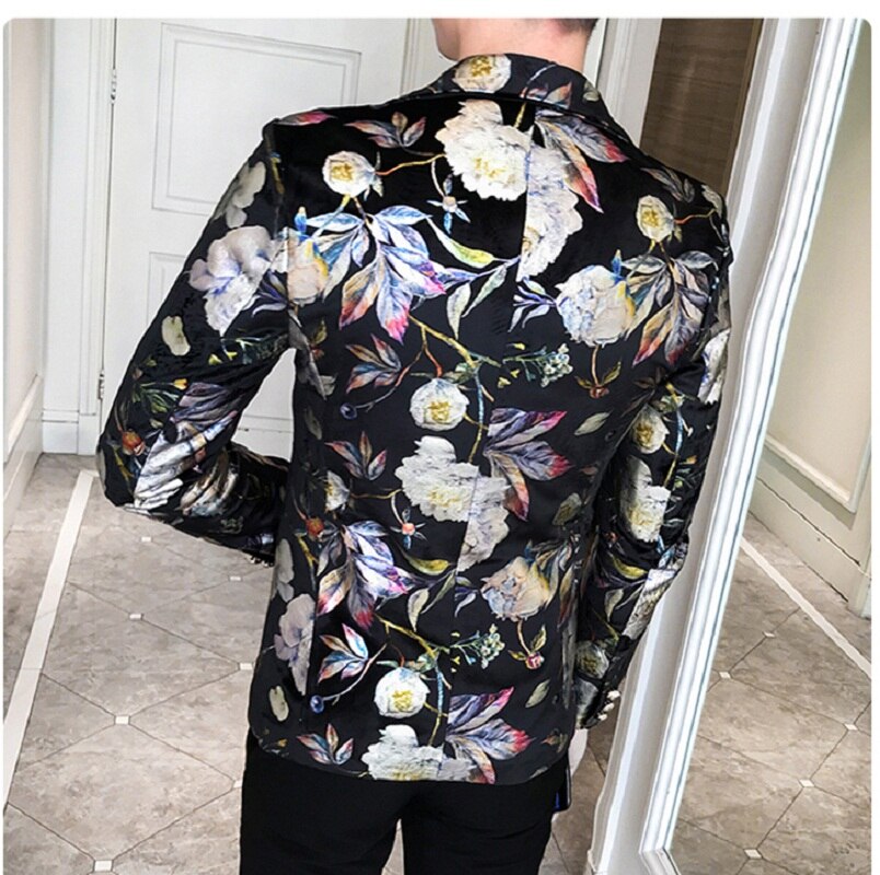 Mænds skinnende blomster trendy slankt jakkesæt blazer herre turn-down langærmet print blomstret natklub perform jakkesæt