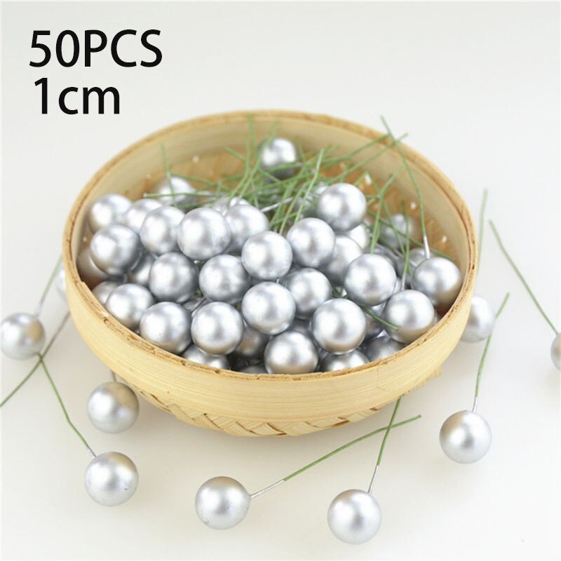 50Pcs Mini Kerst Bessen Plastic Kunstmatige Bloem Rode Kers Parelmoer Bruiloft Kerst Diy Decoratie: Zilver