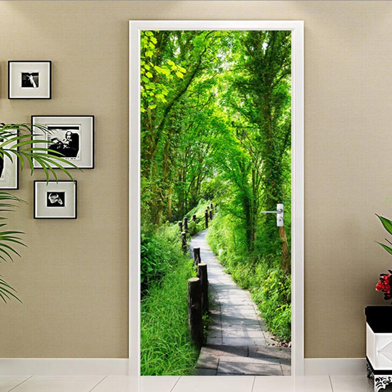 Green Forest Path Landscape Door Sticker Living Room Hotel PVC Self-Adhesive Waterproof Wallpaper 3D Door Decals Papel De Parede