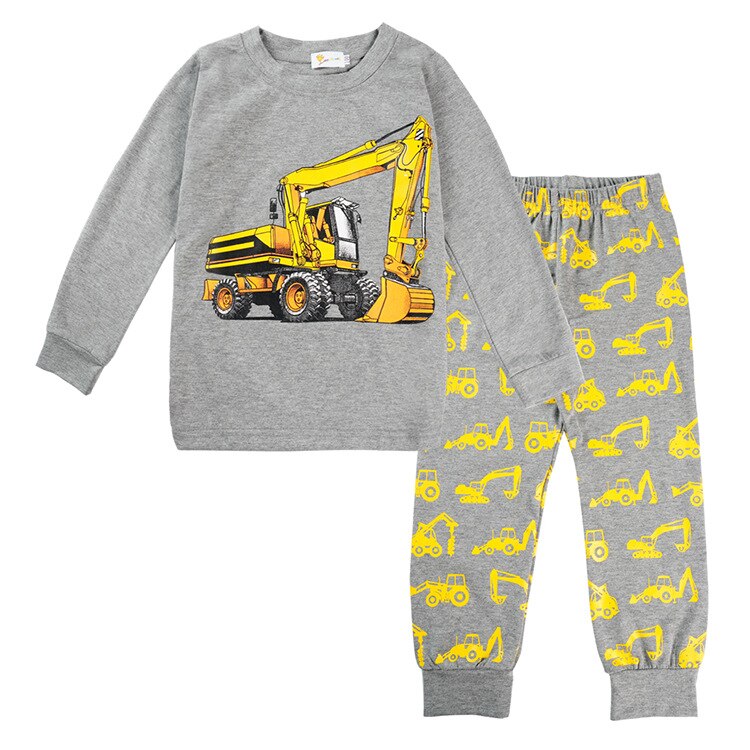 Grijze herfst cartoon graafmachine auto voertuig pyjama thuis pak lange mouwen katoenen jongen slaapkleding kinderpyjama voor jongens 2-8 jaar: B / 110 cm