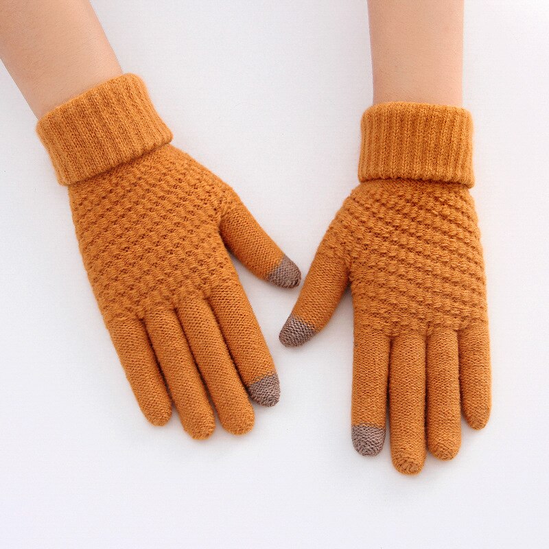 Vinter tykke berøringsskærmshandsker kvinder varm strik strik vanter efterligning uld fuld finger guantes kvindelig hækling: Gul