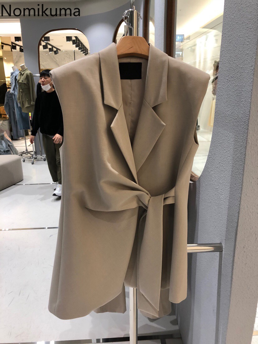 Nomikuma forår uden ærmer blazer vest snøre koreanske veste frakke kausal turn-down krave kvinder jakker 6 e 659