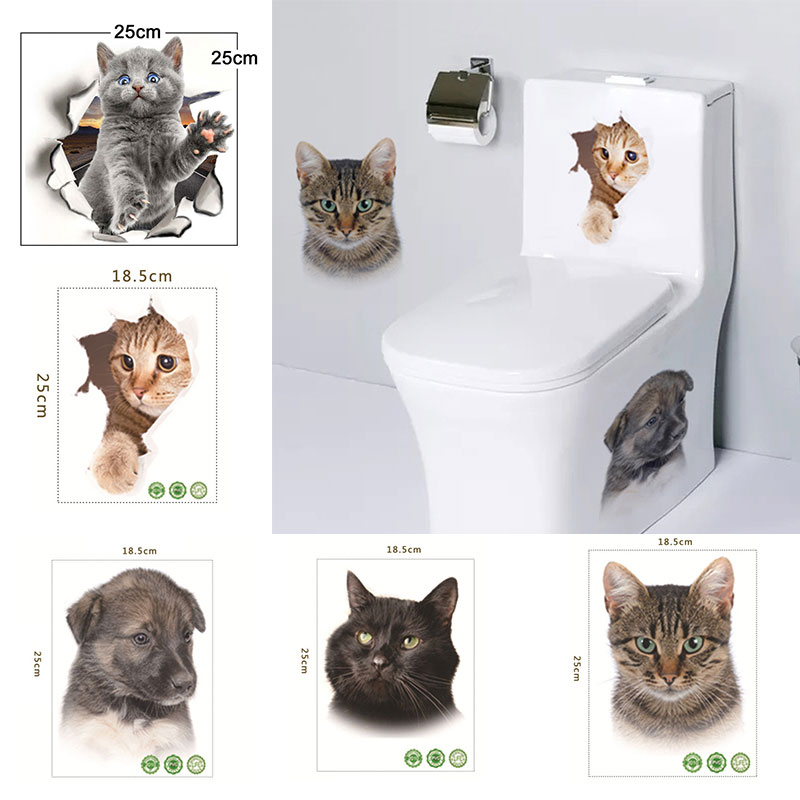 Dejlig kat hund toilet klistermærker 3d killing hvalp safari pvc vægmærkat gør det selv tegneserie dyr vaskerum boligindretning