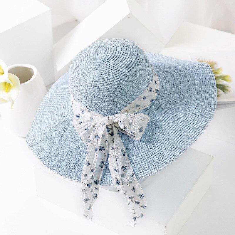 USPOP -chapeaux de soleil pour femmes, chapeau en paille, fait à la main, chapeau de plage à large bord, avec nœud papillon, ombre anti uv, été décontracté: Sky blue