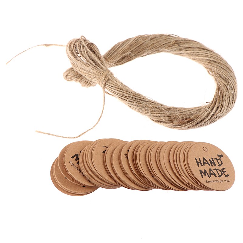 100 pièces rondes faites à la main avec amour Kraft papier étiquettes volantes + 20m chanvre cordes vêtement bagages étiquettes papier étiquettes