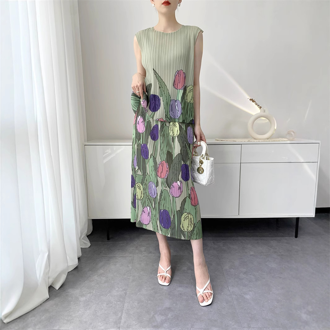 Miyake Wind Plissee Druck Anzug Frauen 2025, Sommer Neue Bequeme Top + Halb Rock Temperament Alterung Anzug