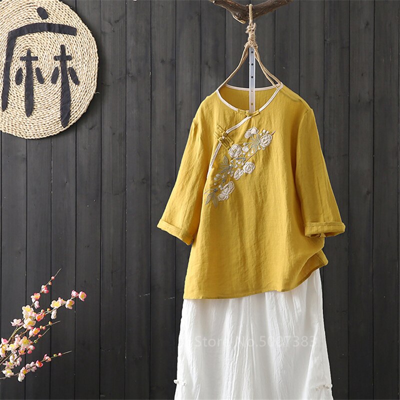 Kvinder kinesisk tang jakkesæt top traditionel stil kvindelig te ceremoni linned outfit blomster broderi kostumer piger bluser skjorter: Gul