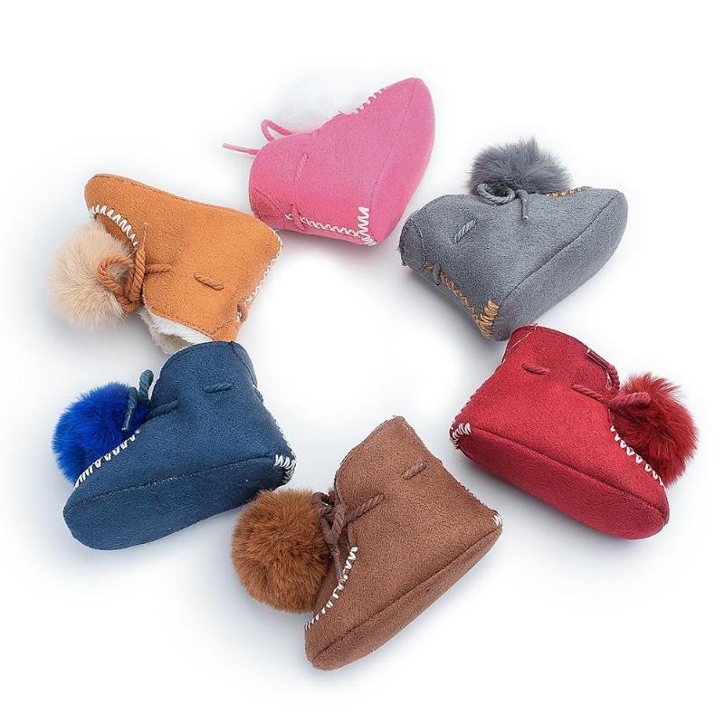 Thicken Baby Boots Lace-Up Lovely Pompon Non-slip Snow Prewalker Soft Coral Fleece Toddler Solid Color Winter Warm Shoes