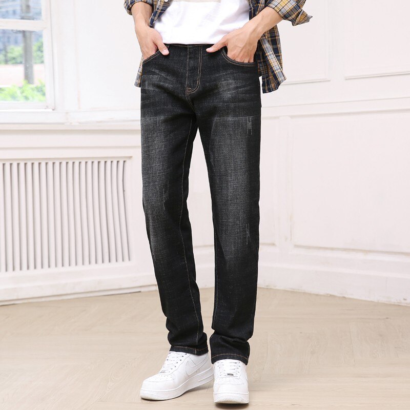 Efterårs stretch bomuld herre jeans med lige ben i klassisk stil mørkeblå denimbukser herre jeans med løs pasform