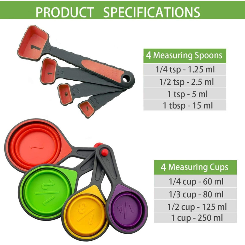 Measuring Cups and Spoons set Collapsible Measuring Cups 8 piece Measuring Tool Engraved Metric US Markings for Liquid&amp;Dry