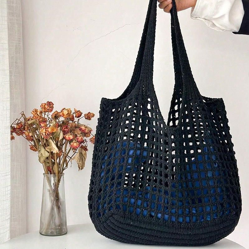 Bolsa tote feminina de crochê, bolsa de praia vazada, grande capacidade, moda de malha, cor sólida, bolsa de compras simples para viagens e férias