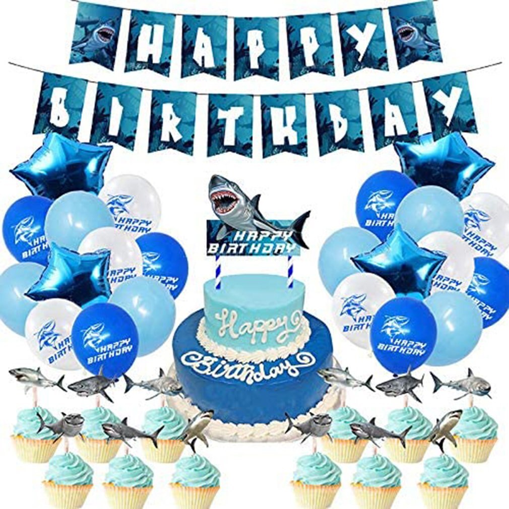 Mooie Shark Thema Feestartikelen Verjaardag Vlaggen Cake Inserts Ballon Set Verjaardagslevering Decoratie