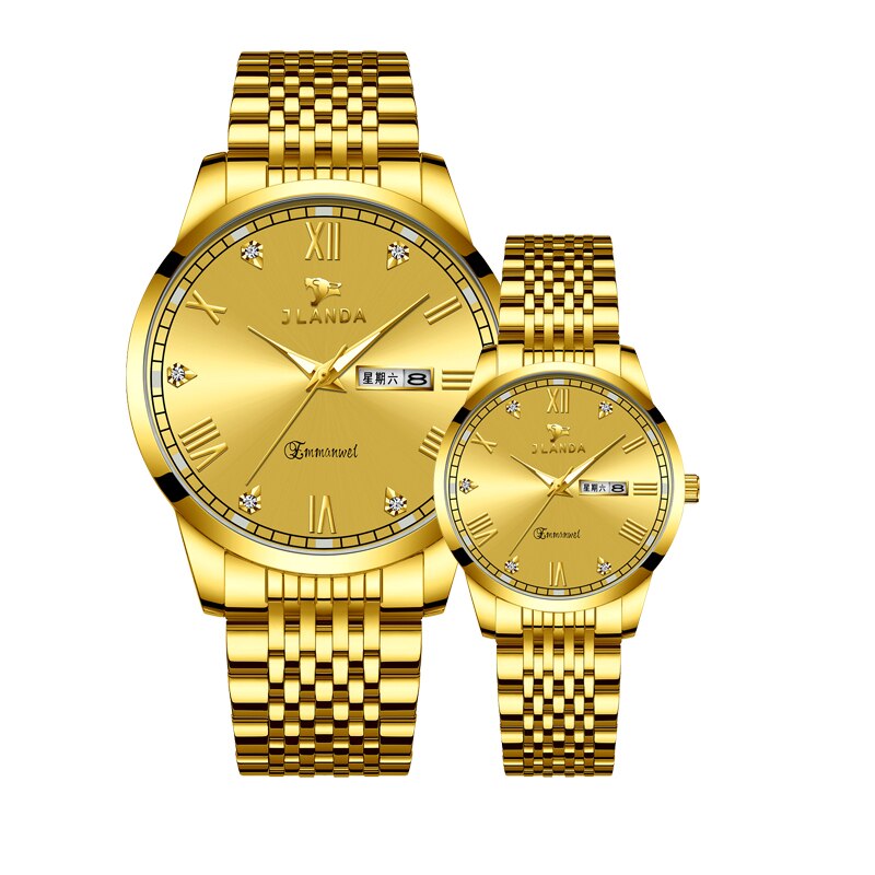 Reloj de lujo para parejas, relojes de pulsera de cuarzo dorados de , de acero inoxidable, analógicos, para mujeres y hombres: Gold