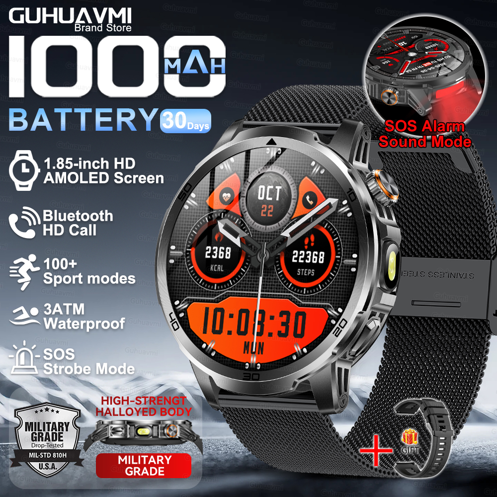 2026nuovo T-REX3 Astuto Della Vigilanza fitness Orologio 1000mAh Batteria di Grandi Dimensioni 10ATM Torcia Elettrica Impermeabile BT Chiamata di fitness Uomini sport Smartwatch: Blu