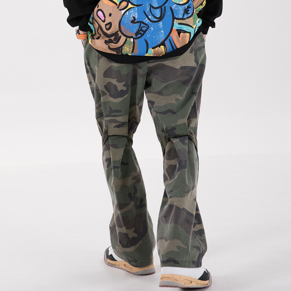 Aolamegs Flare Broek Mannen Camouflage Print Verstelbare Linten Broek Elastische Taille Retro Hip Hop High Street Streetwear