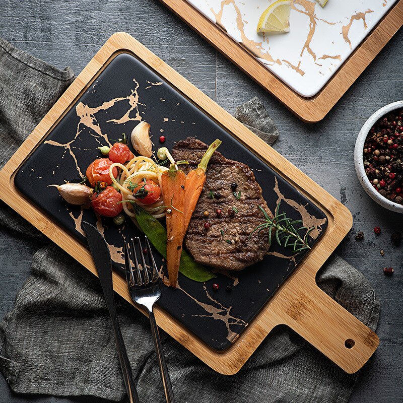 Assiette nordique à Texture de marbre doré en céramique, plat à Steak rond occidental, plateau à Dessert carré, plateau à couverts de cuisine