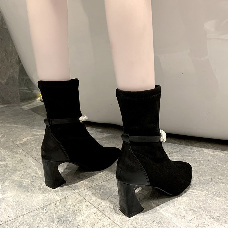 Herfst winter dames retro hoge hakken dames dikke hak mid-tube puntige parel antislip dames laarzen