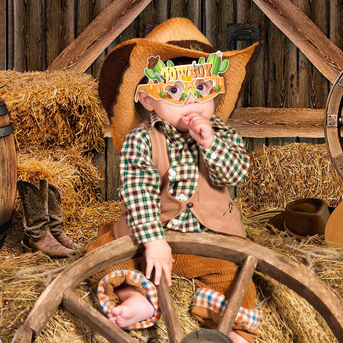 Fotorekwisieten met western cowboythema, papieren brillen, feestartikelen voor kinderen, cowgirl, paardenraces, verjaardagsfeestdecoratie.