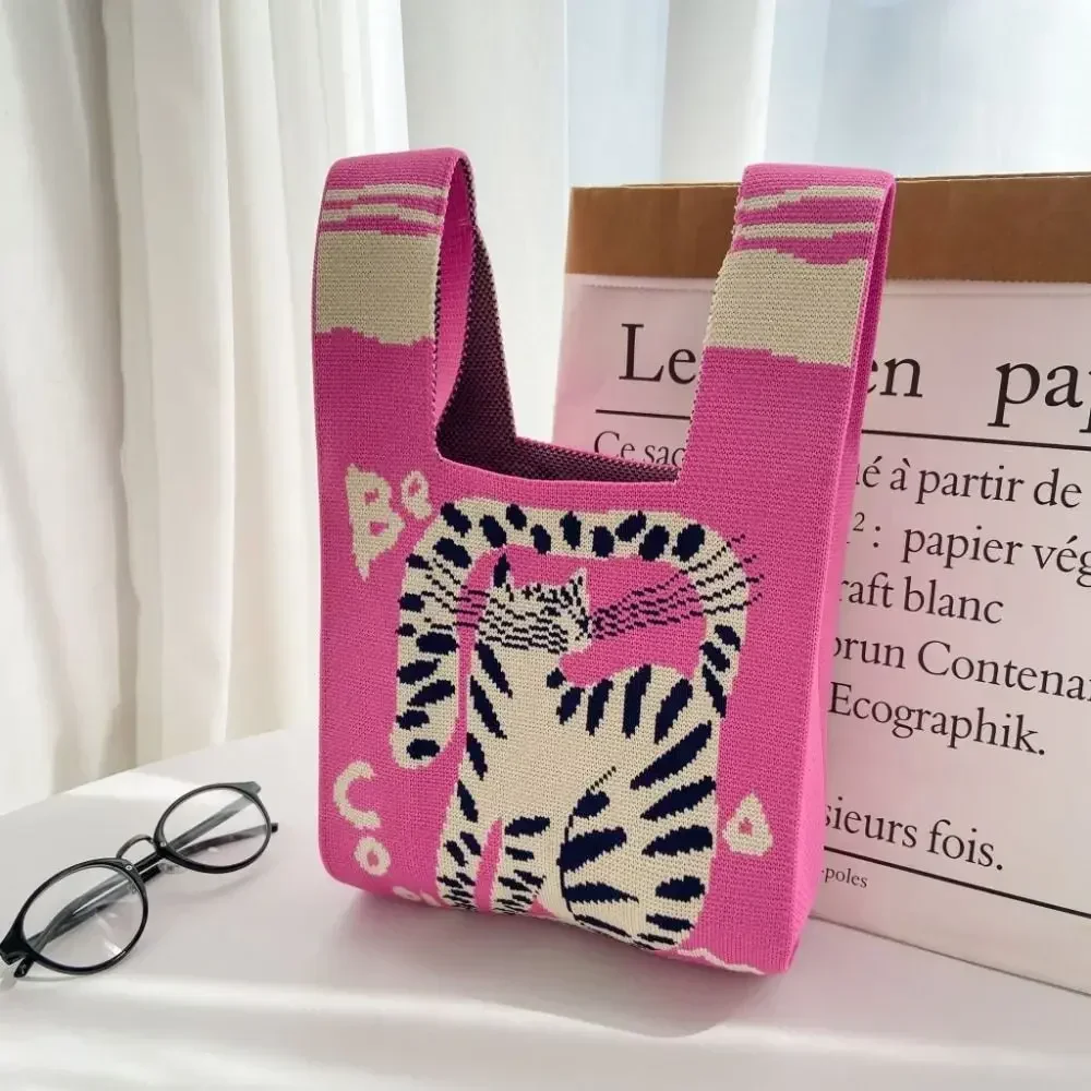 Katten Gebreide Handtas Mode Gebreide Handgemaakte Boodschappentassen Met Hoge Capaciteit Knoop Pols Tas Meisjes