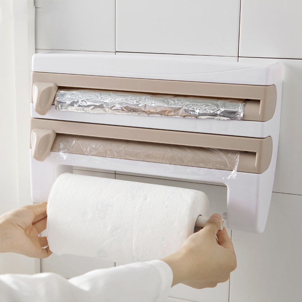 4 in 1 Wall Mounted Organizer Large Roll Paper Towel Holder Paper Dispenser Storage Rack kitchen Film Cling 390 * 100 * 240mm ^^