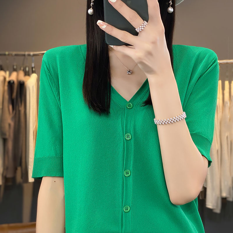 Lente En Zomer Nieuw Ijs Zijde Vest Korte Mouw V-Hals Joker Losse Dunne T-Shirt Trui Bottom Shirt Top: S / green