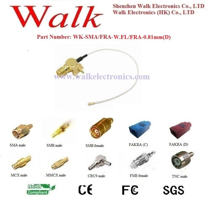 SMA femmina W.FL 0.81 millimetri (D) via cavo, W.FL cavo, 0.81 millimetri (D) via cavo, sma femmina PCB mount W.FL assemblaggio di cavi