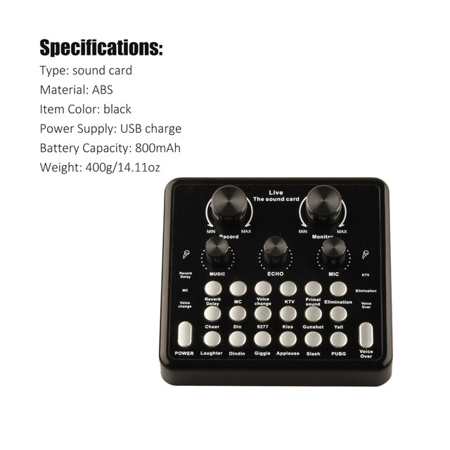 Tarjeta de sonido en vivo V8, carga USB con función de eco de música, se puede conectar al teléfono móvil, auriculares, micrófono, ordenador y tableta: Default Title