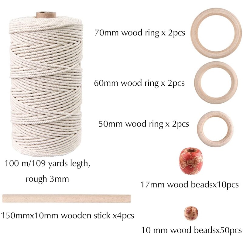 m Natural Macrame Cord with 60 Pcs Wood Beads 6Pcs Wood Ring and 4Pcs Wooden Stick for Crafts,DIY Plant Hangers