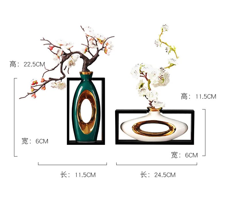 Florero de cerámica de estilo chino, marco de madera Retro calado, arreglo floral moderno para el hogar, jarrones de decoración