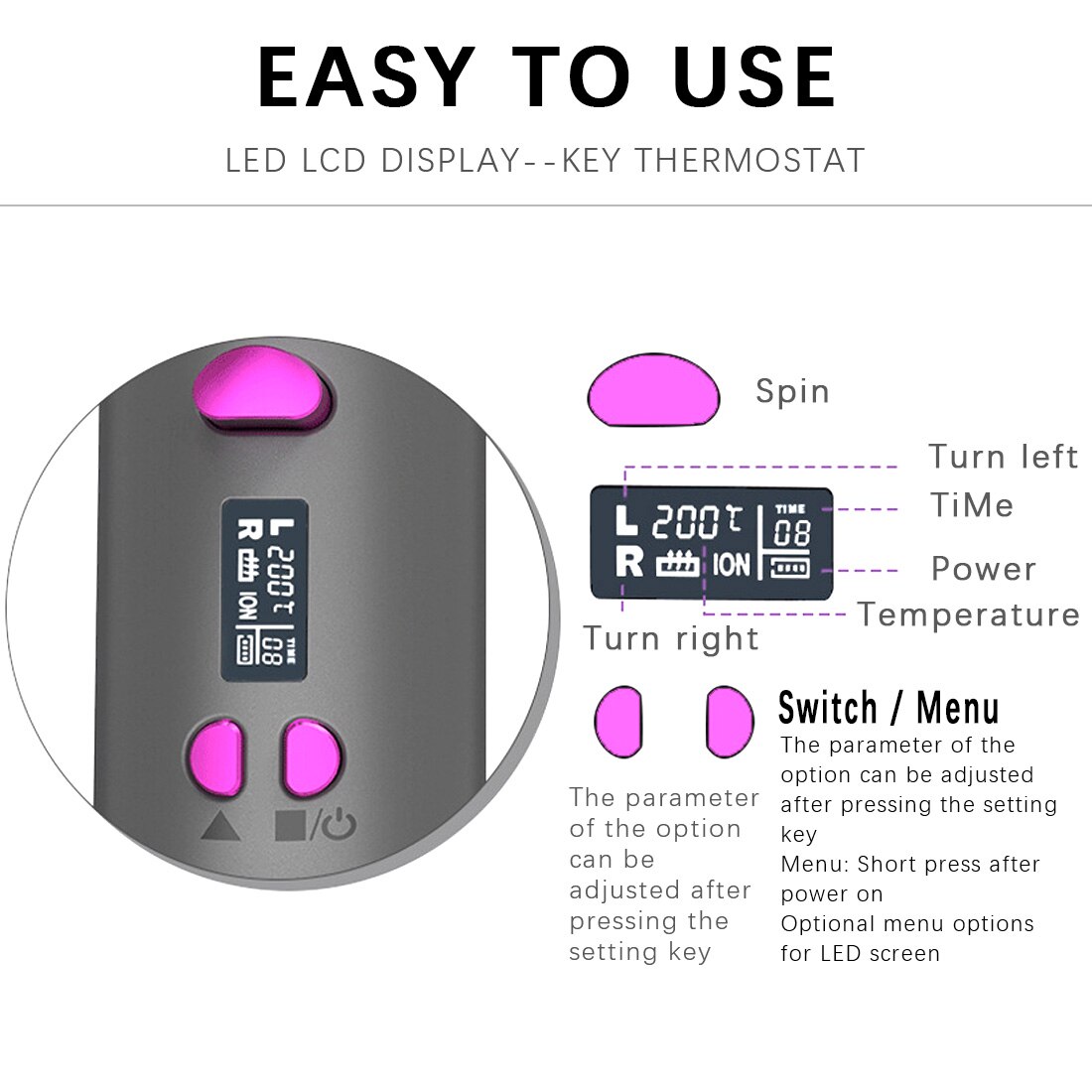 Cordless Auto Rotating Ceramic Hair Curler USB Rechargeable Curling Iron LED Display Temperature Adjustable Hair Straightener