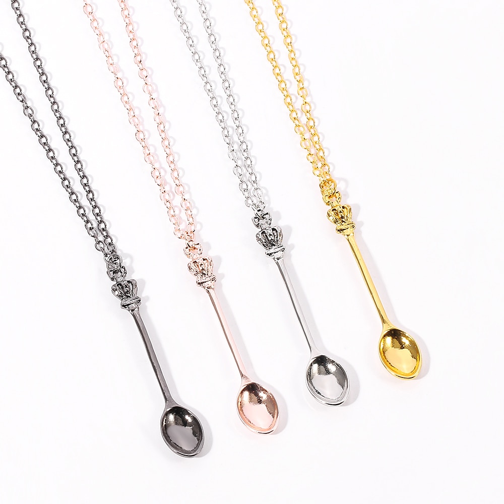 Goud Rose Goud Zwart Zilver Kleur Tone Snuff Mini Thee Crown Ketting Vintage Lepel Hangers Ketting Mini Lange Link sieraden