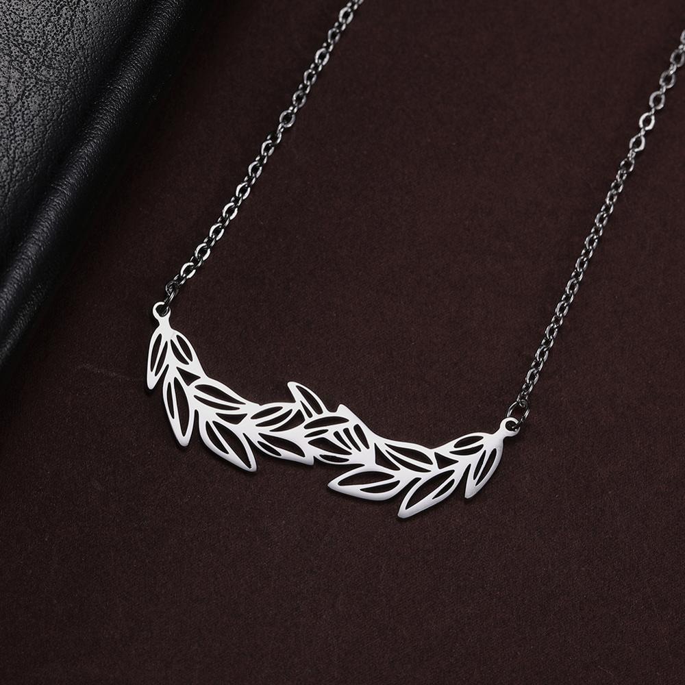 Skyrim olive branch golden stainless steel necklace women peace leaf declaration chain choker necklaces jewelry female girls: Steel color
